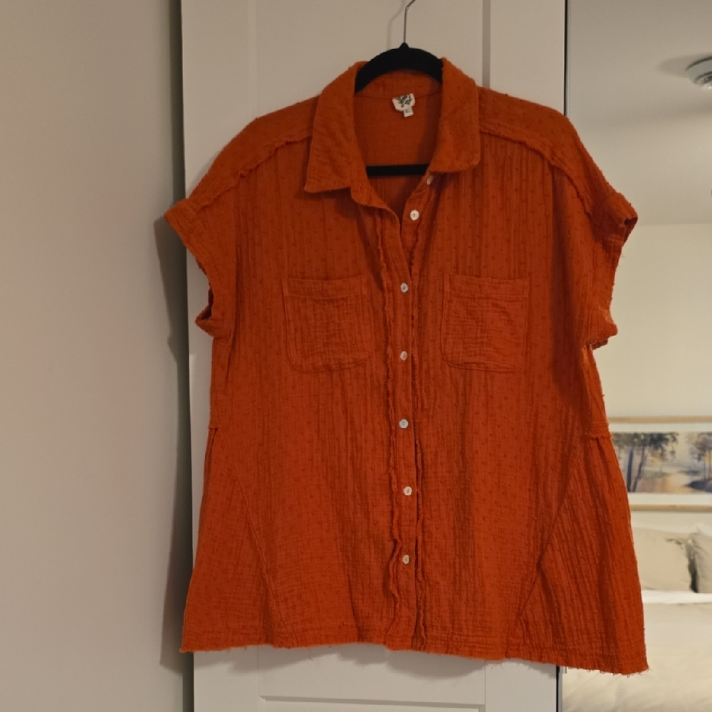 Ivy Jane Orange Cuffed Sleeve Button Down Shirt Size L